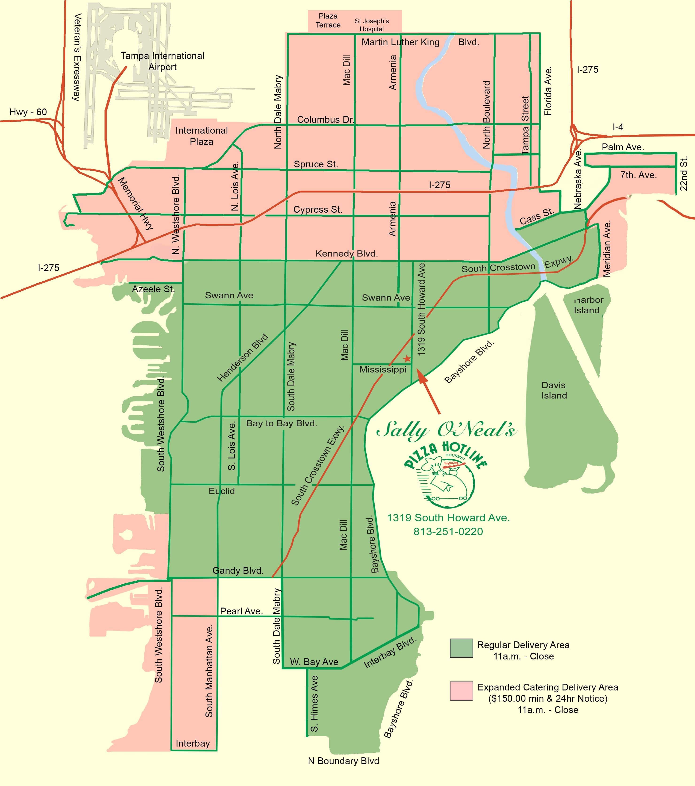 Detail map of our delivery area. From Kennedy South to Gandy. Westshore East to Bayshore Blvd.
Gandy South to Boundary Blvd. Dale Mabry East to Bayshore.